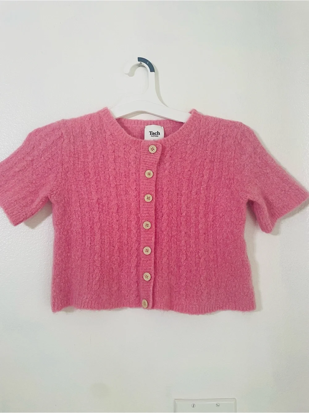 Tach Clothing Dalia Knit Cropped Cardigan Sweater Pink Short Sleeve Button Up M